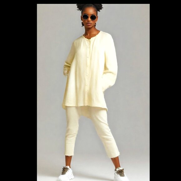 Flax Soften Linen Cream Boho Front Button Style Tunic, Size Medium - Picture 2 of 7